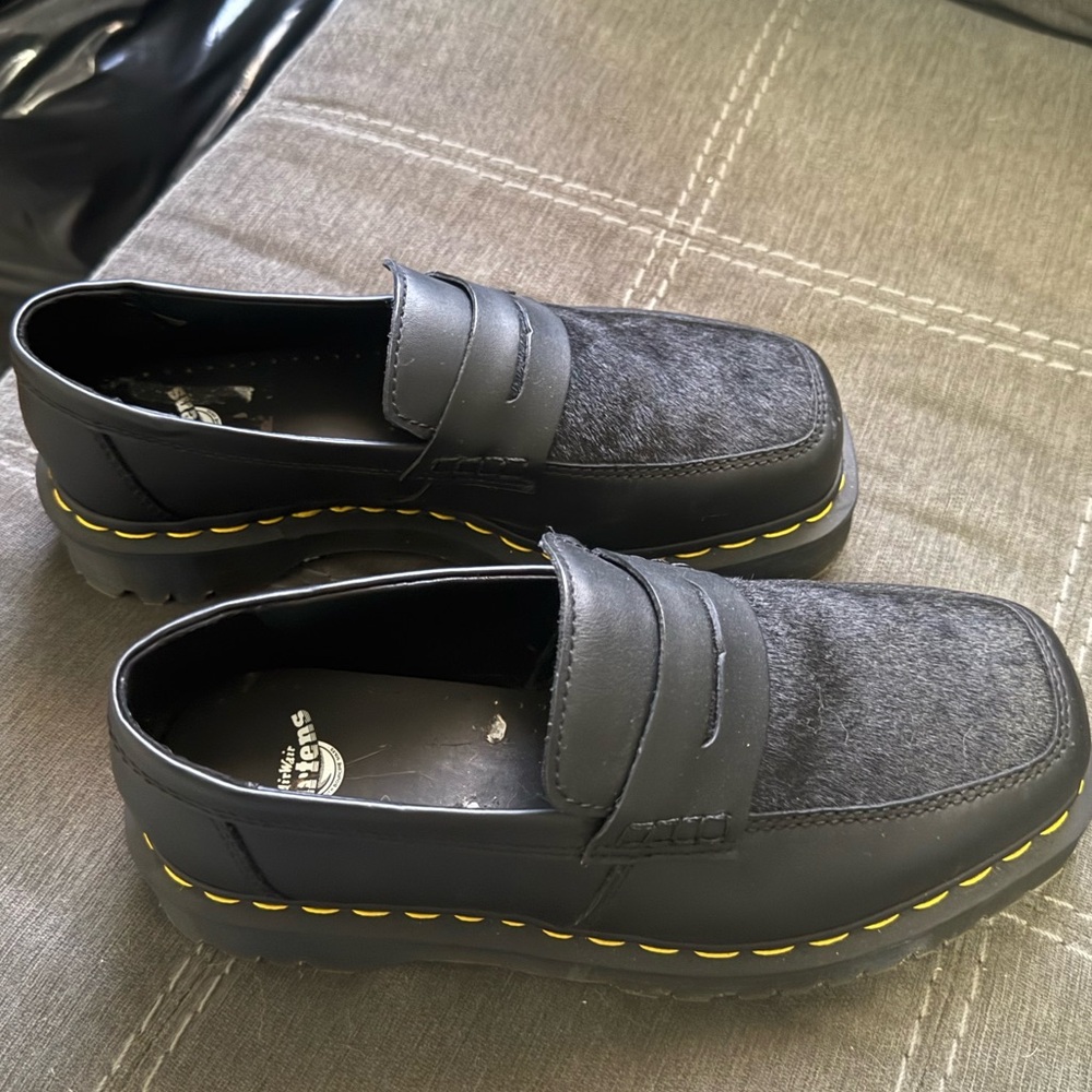Black Leather Loafers with Yellow Stitching